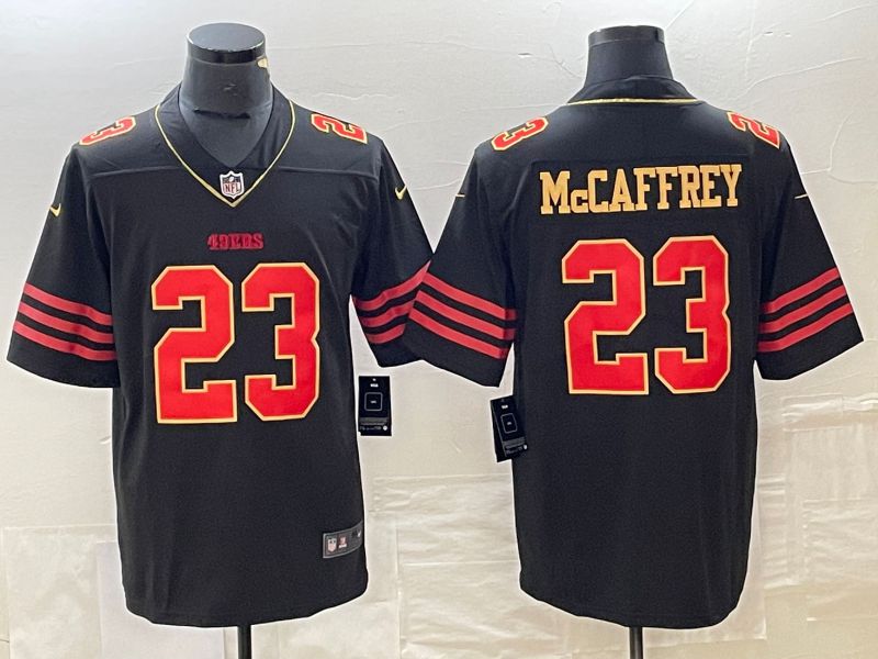 Men San Francisco 49ers 23 Mccaffrey Black gold 2023 Nike Vapor Limited NFL Jersey style 1